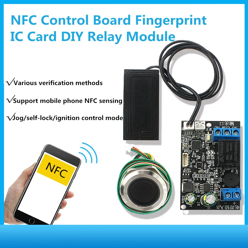 

DC12-24V Phone NFC Control Board Fingerprint IC Card DIY Relay Module 13.56mhz Access Control Proximity Card Controller