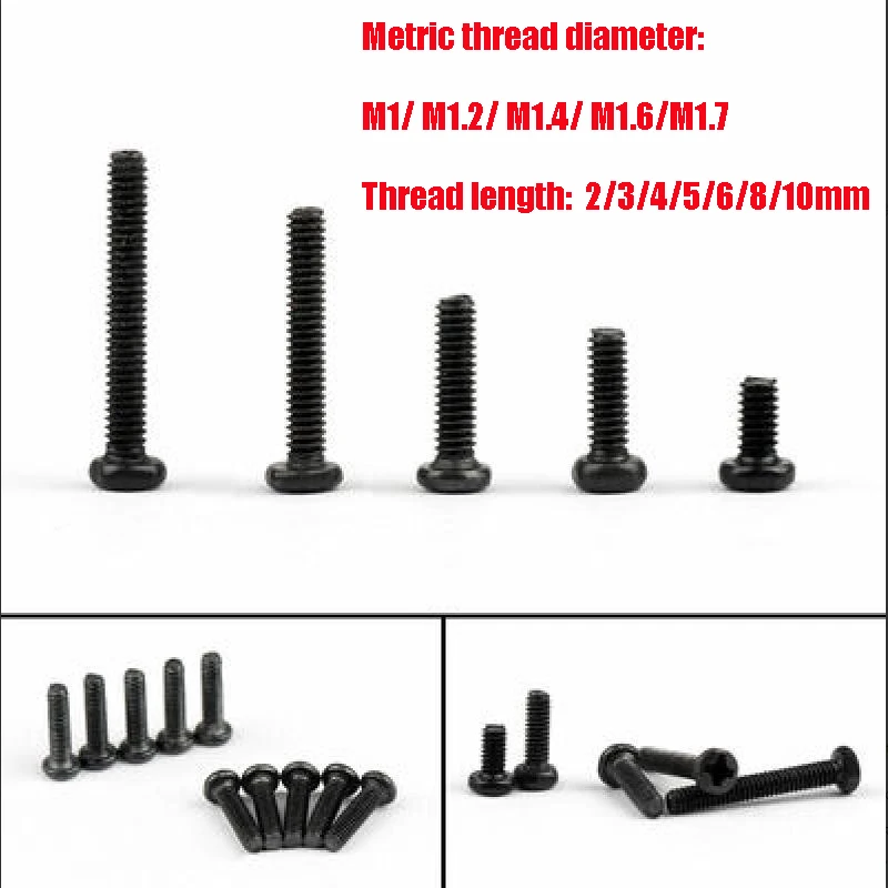 Tornillos Phillips de cabeza sartén de acero al carbono negro de alta calidad, Perno redondo M1 M1.2 M1.4 M1.6 m1.7. 100 Uds.