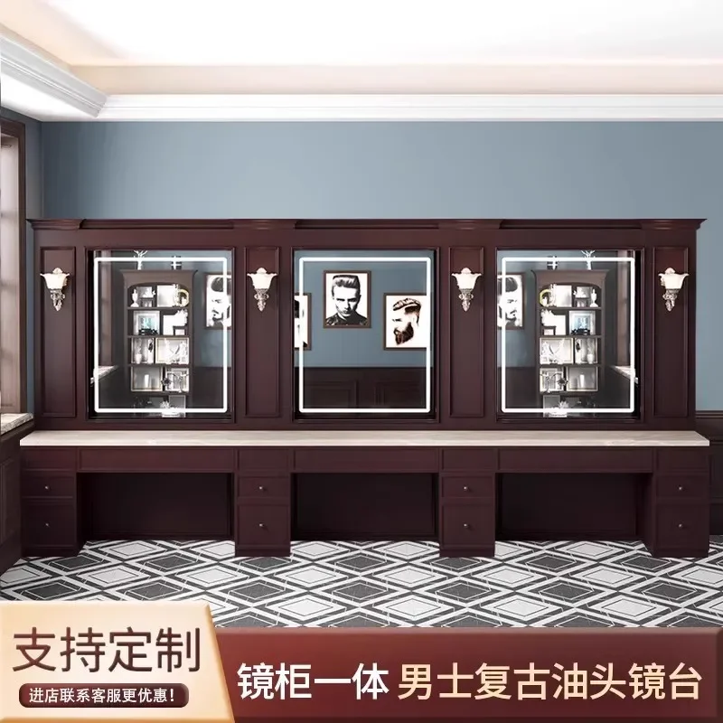 For Barber Shop Retro Mirror Table Hair Cutting Perm Dyeing Station Men Oil Head Styling Furniture High End Special