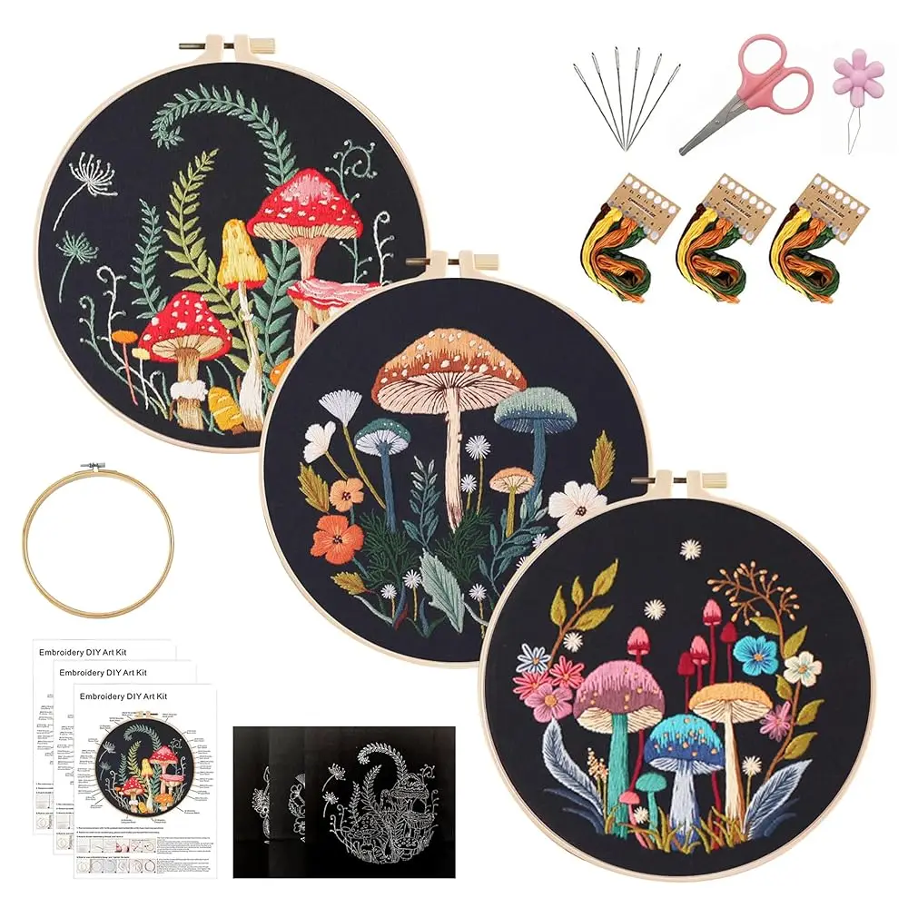 

3 Sets Embroidery Kit for Beginners, Stitches with Colorful Mushrooms Embroidery Stitch Practice kit for Adults Craft Lover,