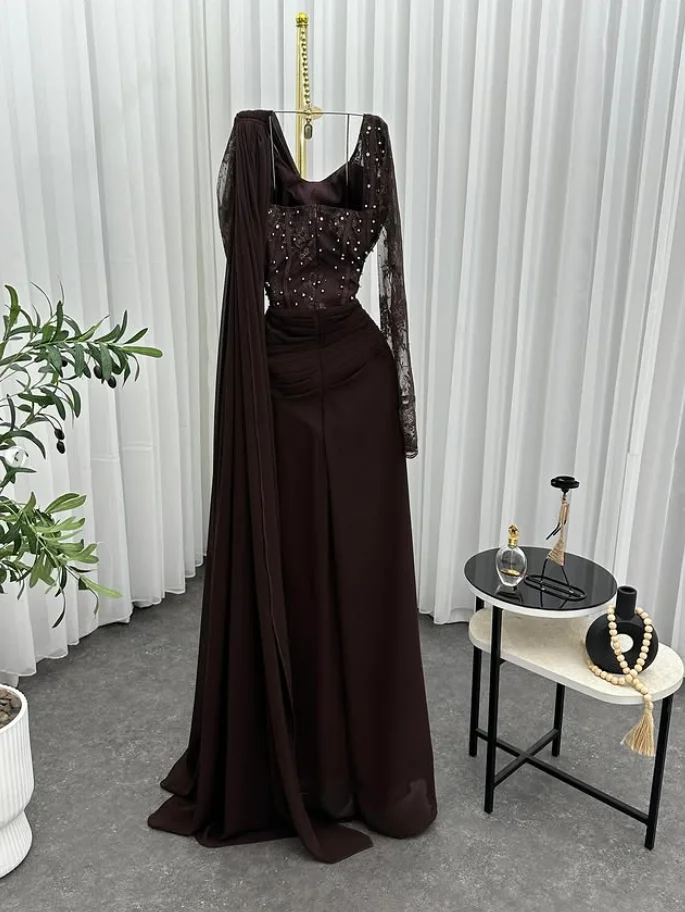 ブラウンマーメイドイブニングフォーマルドレスリボン長袖レースシフォンビーズアラビアプロムパーティードレス Pastrol Unis カスタムサイズ
