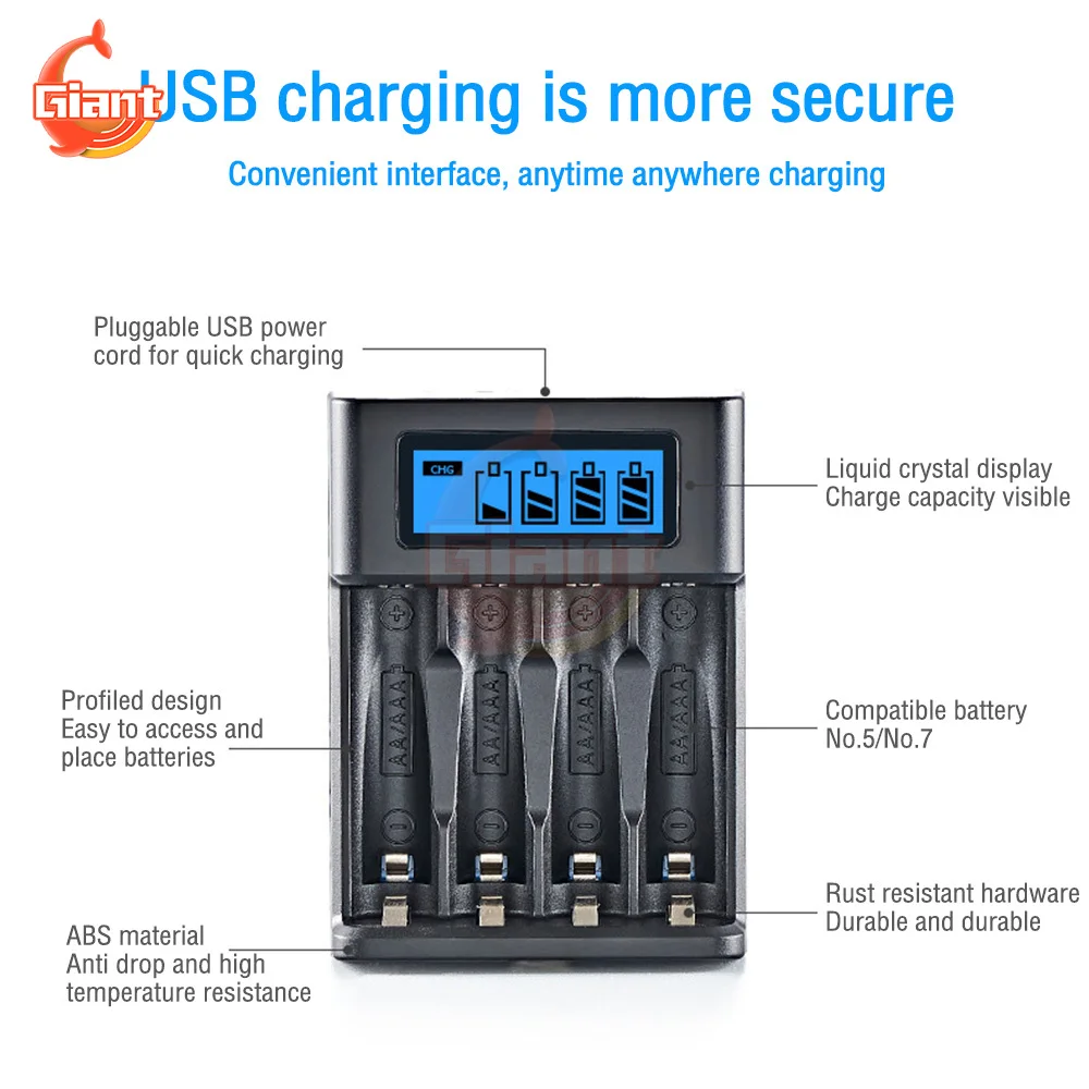 4 Slots Intelligent Battery Charger Digital Battery Capacity Tester USB Rechargeable Battery Charger LED Battery Level Indicator