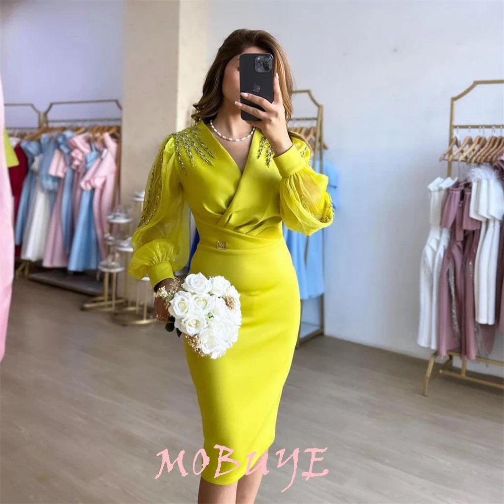 MOBUYE 2024 Popular V Neck Prom Dress Tea-Length With Long Sleeves Evening Fashion Elegant Party Dress For Women