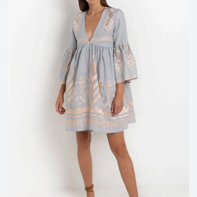 Abito stampato stile Boho alla moda Abito casual con scollo a V Manica a foglia di loto Abito ampio Primavera e autunno Nuovi abiti da donna per le vacanze