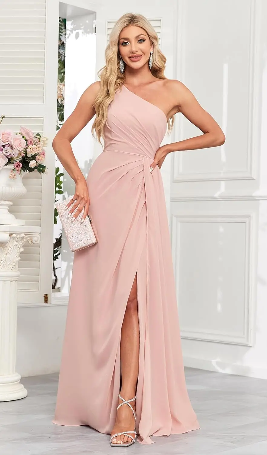 

One Shoulder Bridesmaid Dresses for Women Long Ruched Chiffon A Line Formal Evening Dress with Slit fuschia luxurious wedding