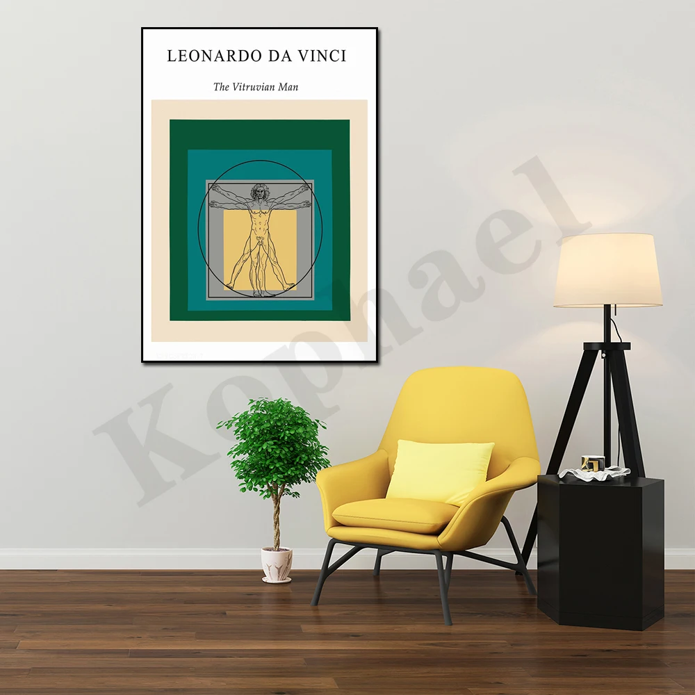 Витрувианский человек Леонардо да Винчи Статуя Искусство Бирюзовый Абстрактный Художественный Музей Цветной Блок Печать Настенный Художественный Плакат