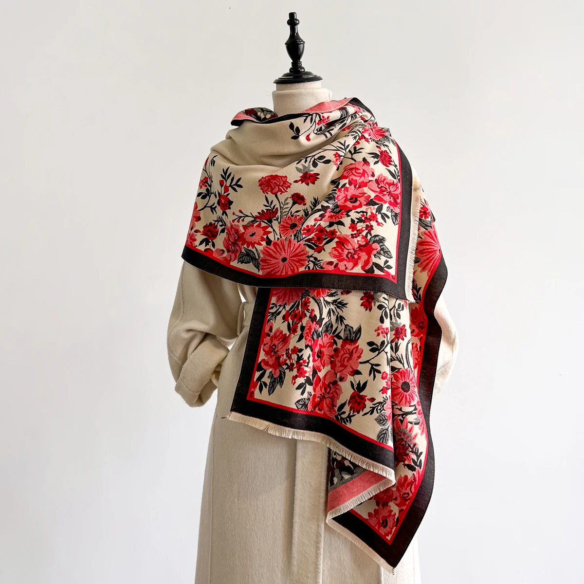 Brand Fashion Damen-Winterschal aus warmem Kaschmir – Pashmina-Schal mit Blumenmuster, dicker Schal, Wickel- und Poncho – Detail 16