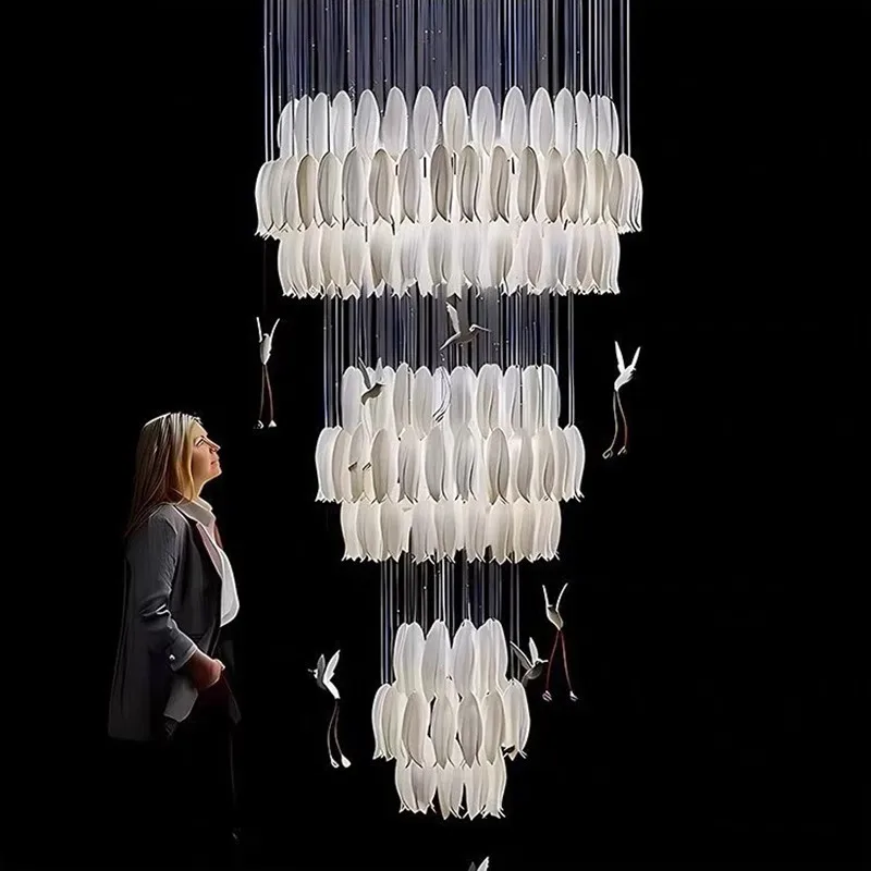 Creative Ceramic Tulip Chandelier For Stairway Loft Luxury Duplex Building Empty Living Room Hall Bedroom Dining Room Decor Lamp