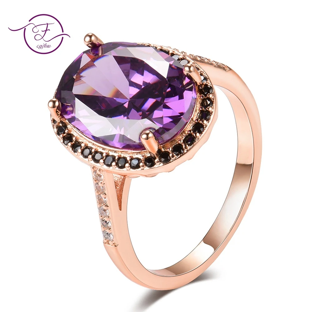 Luxury Natural Amethyst Silver Jewelry Rings Women\'s Wedding Ring Rose Gold Color With AAAA Cubic Zirconia Party Hot Gifts