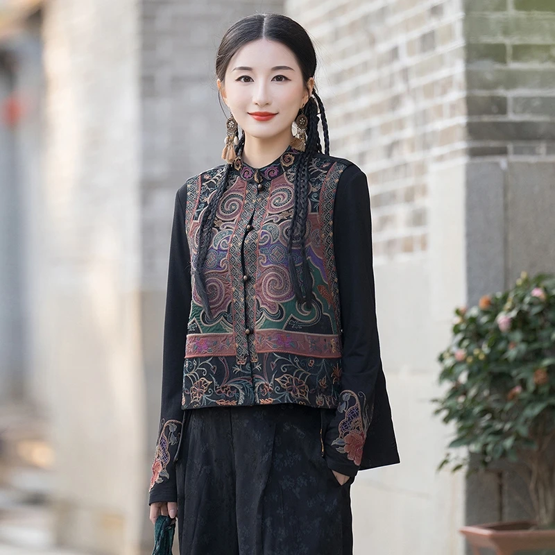 

2024 chinese vintage vest national flower embroidery double-sided wear vest retro hanfu tops sleeveless jacket ethnic waistcoat