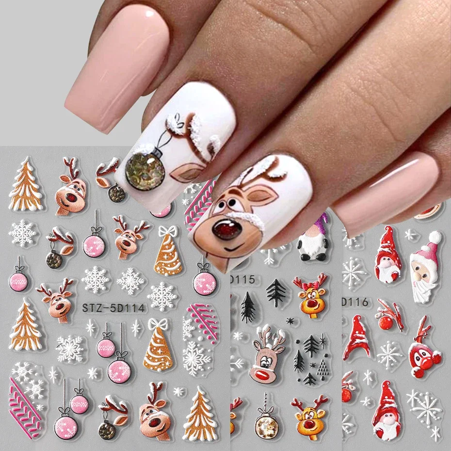 

5D Embossed Christmas Nail Stickers Cartoon Elk Santa Claus Snowflake Designs Self-Adhesive Festive Nail Art Decals Decoration