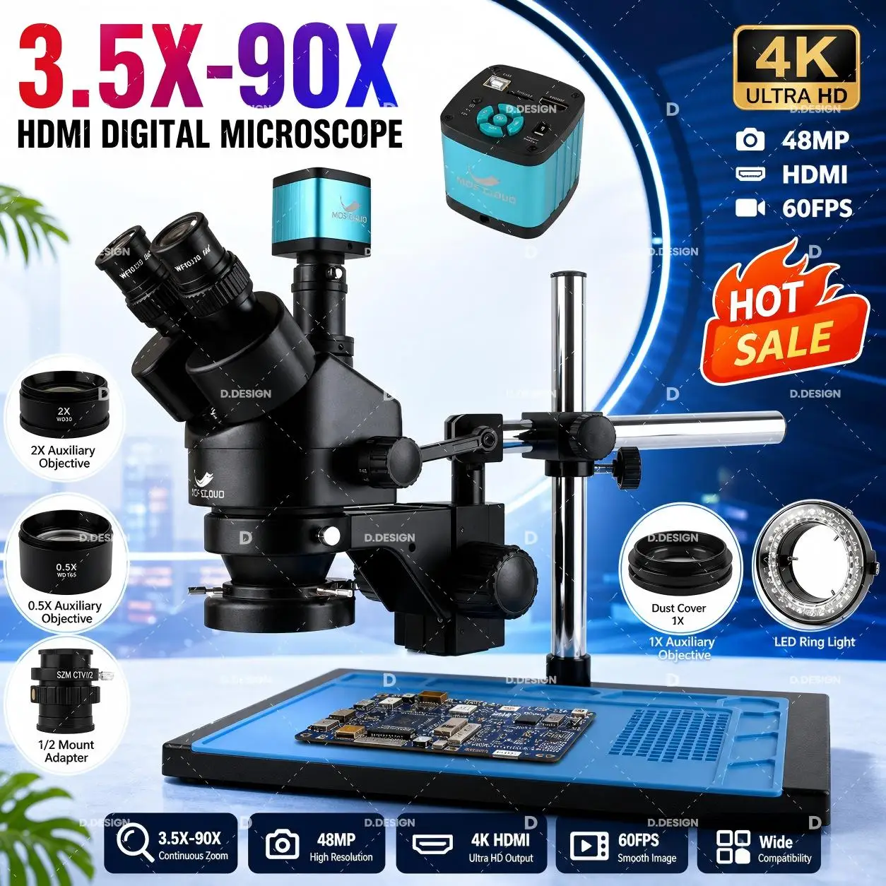 3.5X-100X Industrial Lab Simul Focal Adjustable Stereo Trinocular Microscope + 12MP 48MP 4K 2K 1080P HDMI USB Video Camera