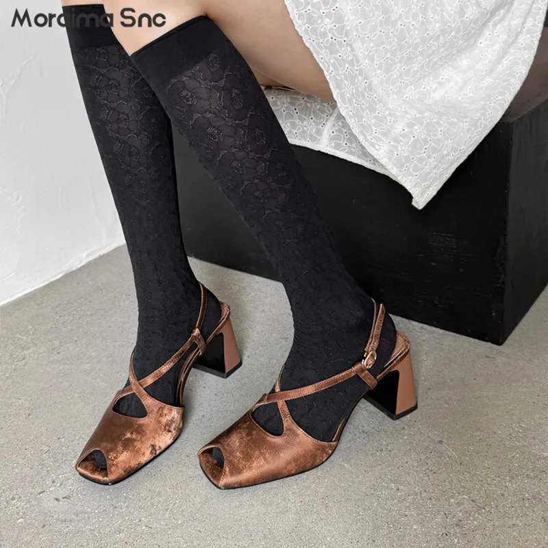 

Silk Leather Fish Mouth Sandals Square Toe Thick High Heel Cross Strap Back Hollow Sandals Summer Hollow Women's Sandals