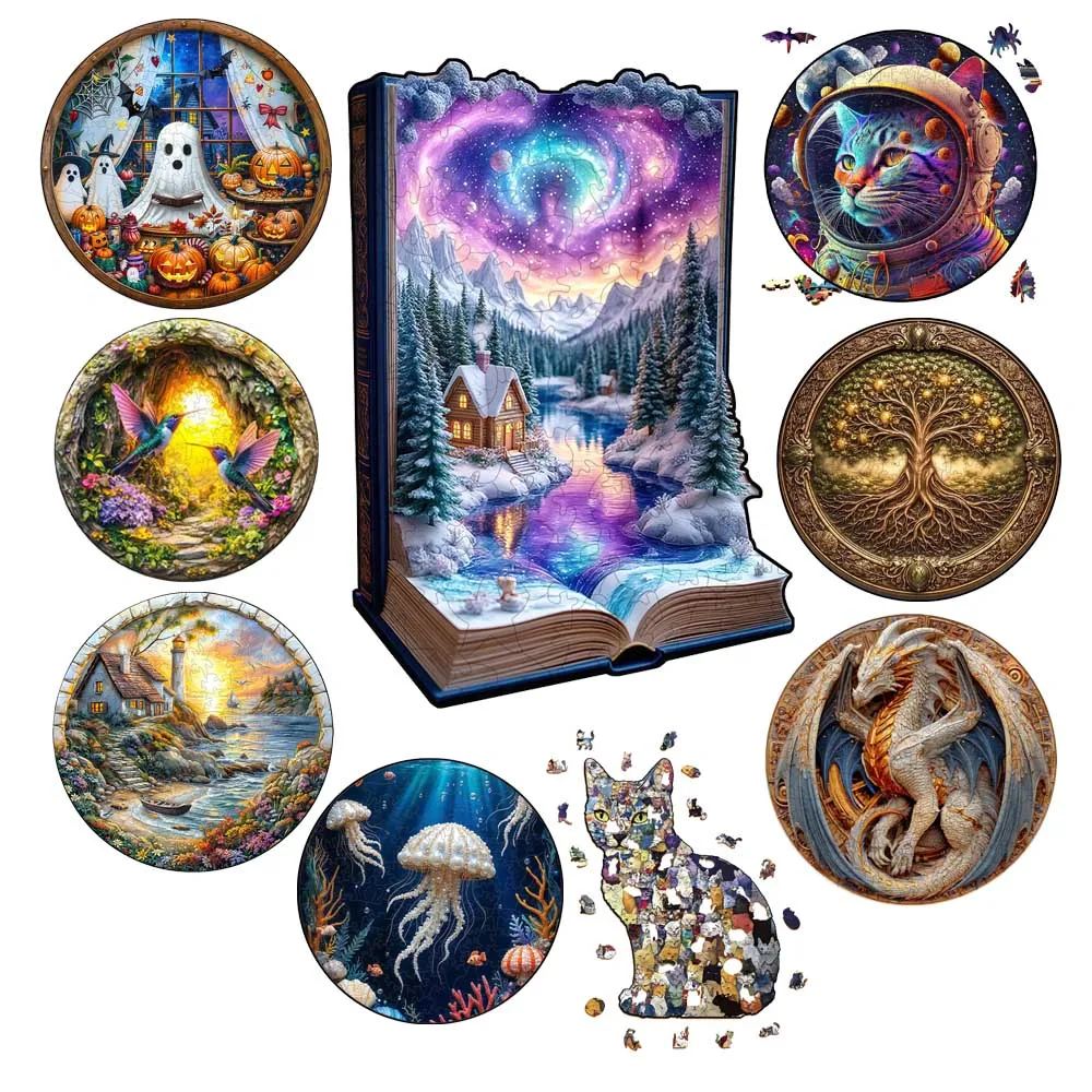 Hübsche Katzen-Holztier-Puzzles, Fantasie-Kreaturen zur Dekoration, Einzigartiges Kunst-Puzzle, Entspannungsspielzeug für Erwachsene und Kinder