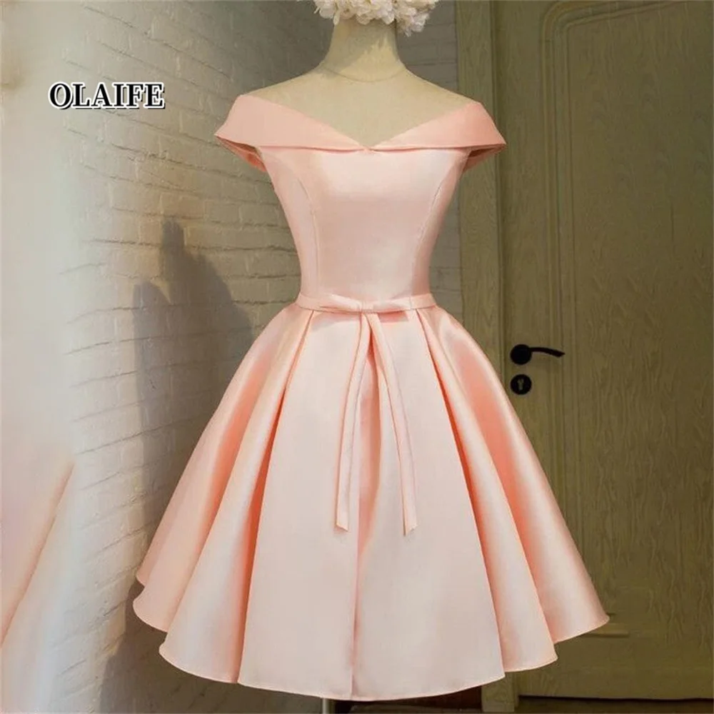 

Princess A-Line Off-The-Shoulder Sleeveless Simple Satin Homecoming Dresses With Sash Ribbon Belt Vestidos De Graduación