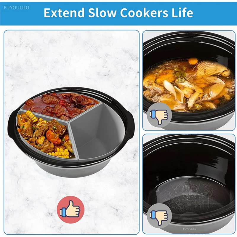 Revestimientos para olla de cocción lenta, divisor de olla de cocción lenta de silicona 3 en 1 apto para divisor de ollas ovalado y redondo de 6 cuartos (negro)