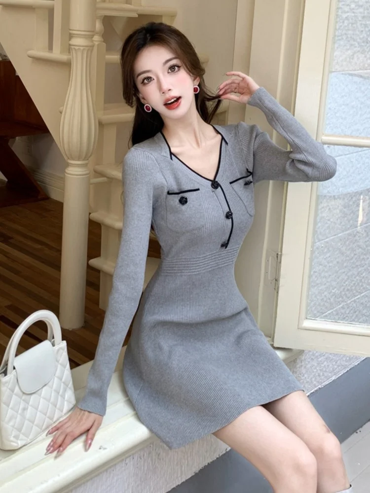 V-neck Botton Pocket Mini Knitted Dress A Line Slim Waist Long Sleeve Vestidos Elegant Korean Evening Party Robe Autumn Women