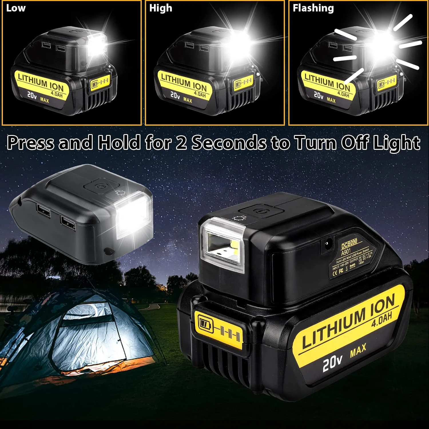 

Battery Adapter for Dewalt 20V Battery USB Phone Charger Led Work Light With Dual USB Charger 12V DC Port Power Source Supply