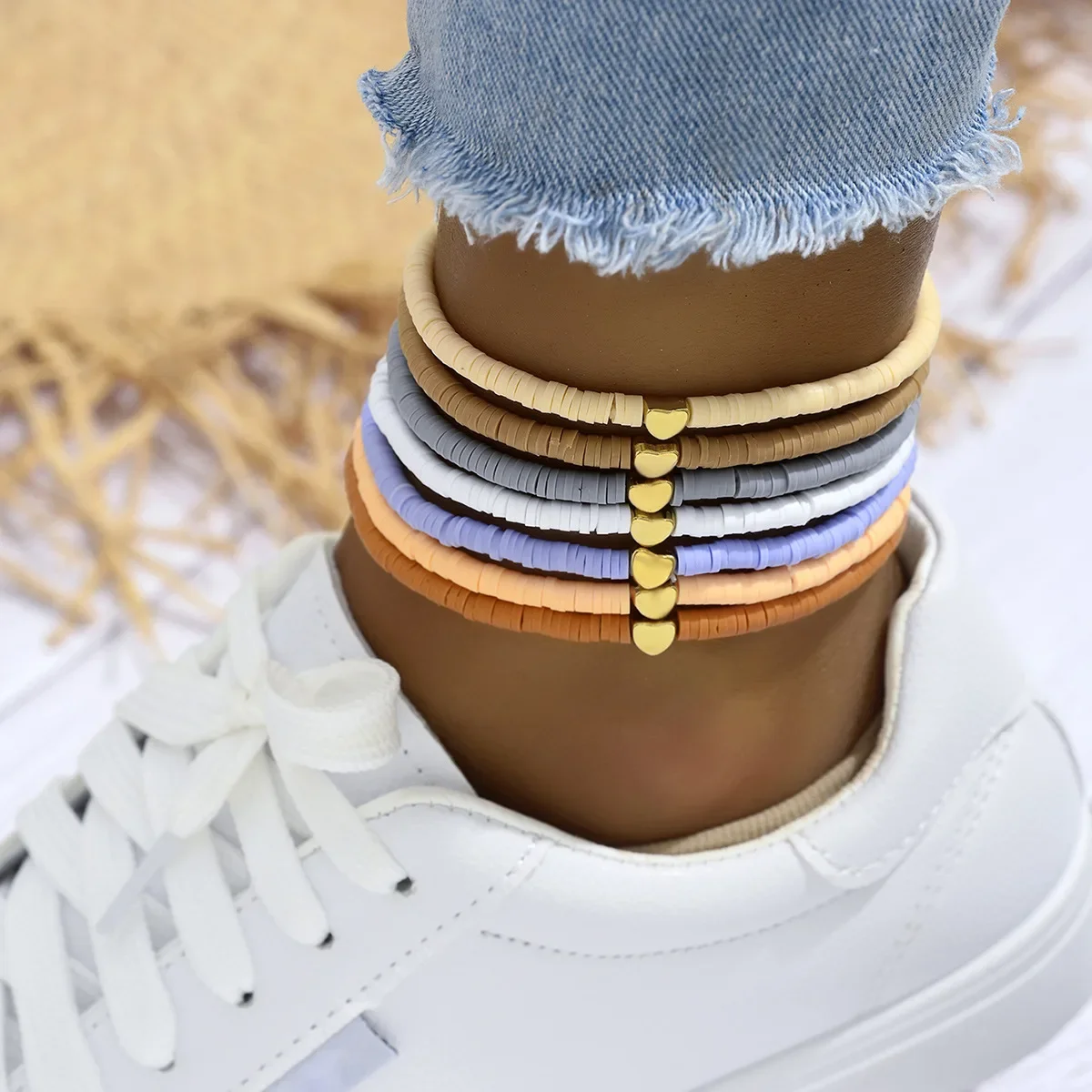 7Pcs Colorful Stackable Anklet Set For Women Heart Charm Soft Clay Pottery Layering Ankle Bracelet Girls Summer Beach Jewelry