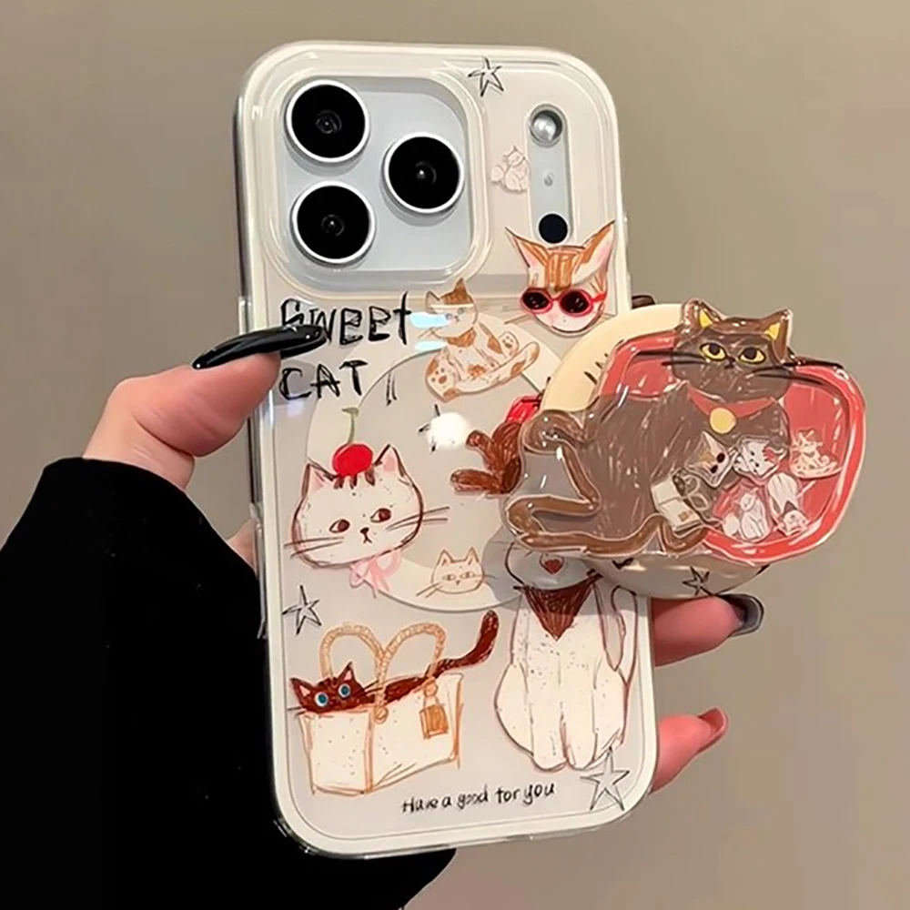 

Funny Cartoon Kitten Cute Cat Magnetic Grip Tok Phone Case for IPhone 15 14 16 17 Pro Max Wireless Charge Magsafe Back Cover