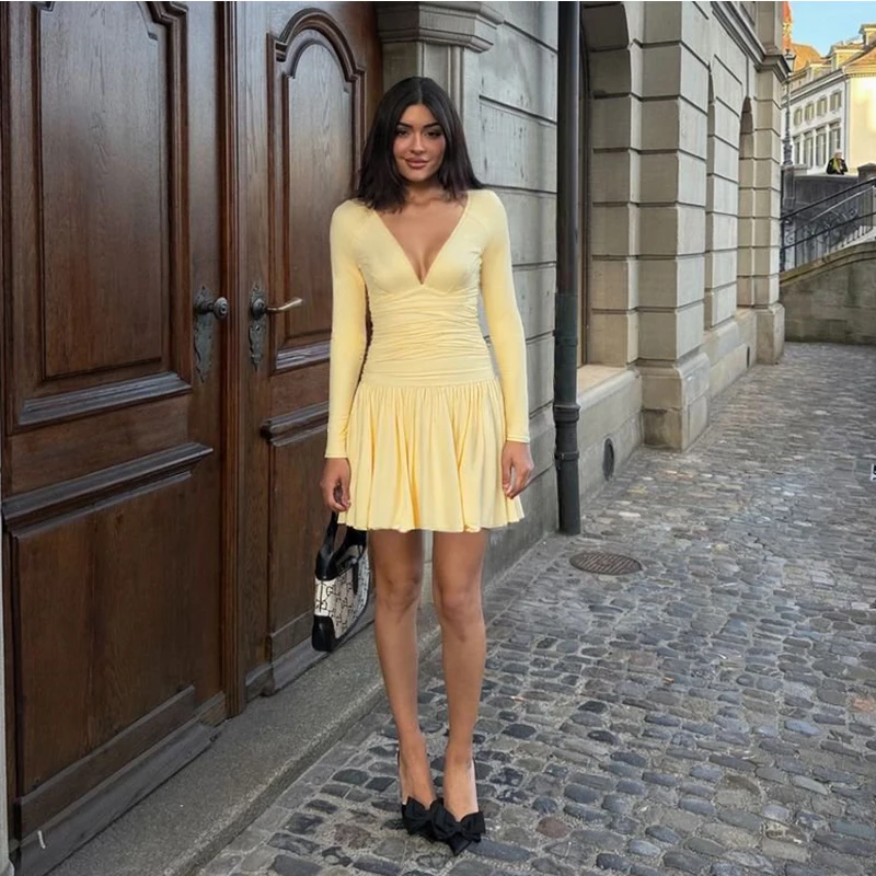 Gelb Geraffte Langarm Kurzes Kleid Neue Herbst Slim Fit V-ausschnitt EINE Linie Kleid Dame Verstido Frauen Mode Hohe Taille Party kleid