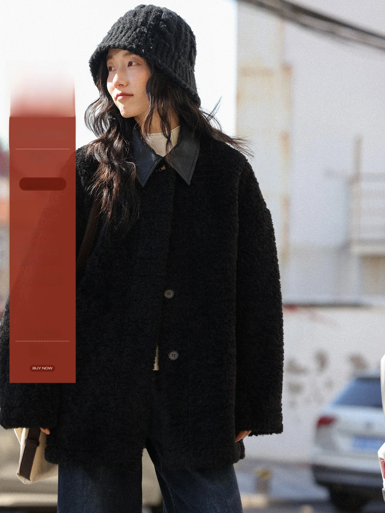 

Bla Collar Lamb Fur Jaet Women's Winter Thiened High-End Feel Plaid Soft Plu Top Casual Sle Long Sve Coat