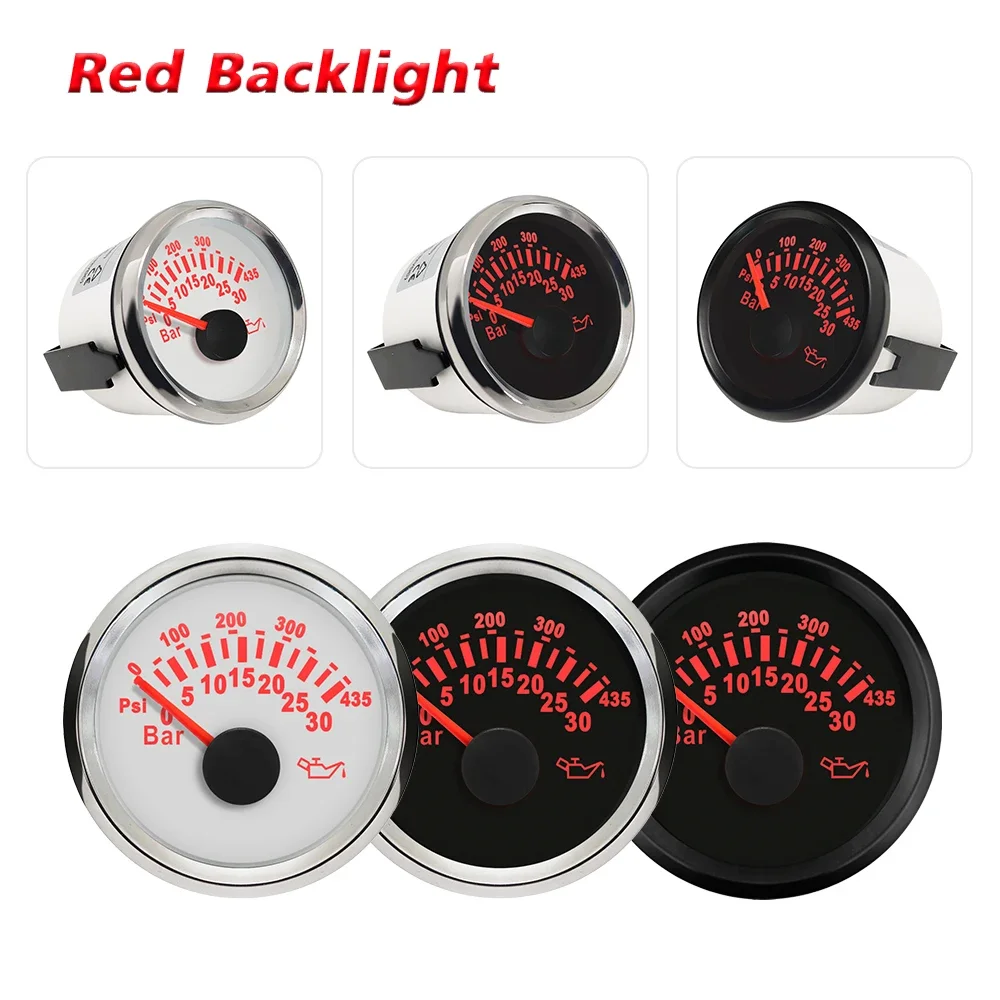 Car Boat Universal 52mm Oil Pressure Gauge Meter 0-30Bar 0-435Psi with Red Backlight for Truck Yacht 9-32V