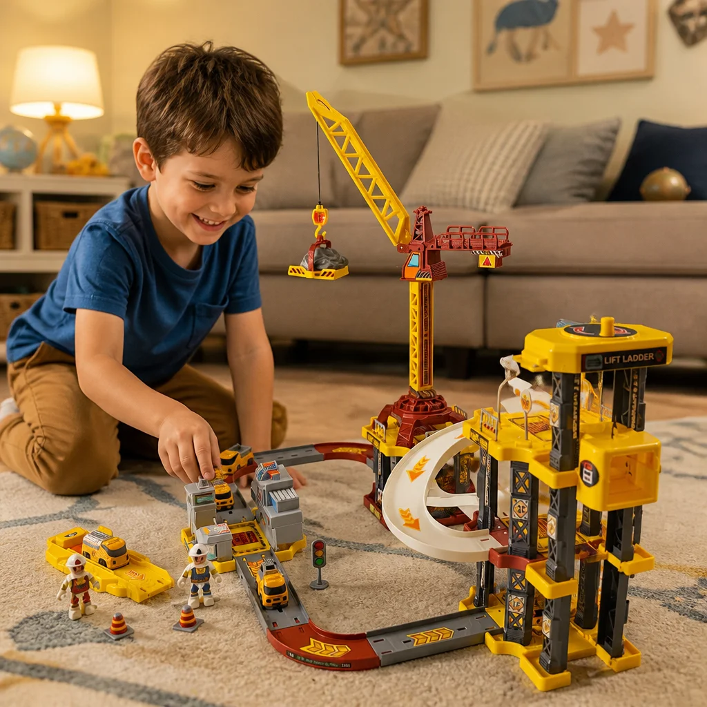 Engineering Series Boy's Track Vehicle Toy with Manual Lift and Crane, Children's Parking Lot Toy Set (Color Random)
