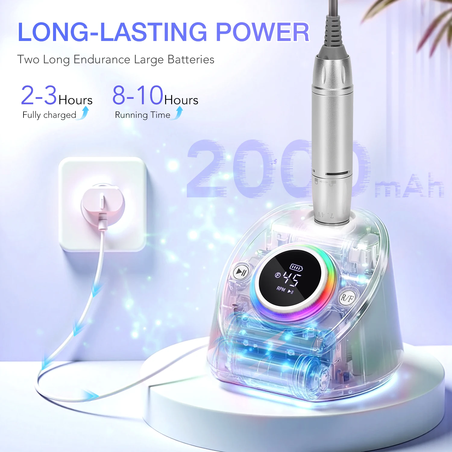 45000RPM Rechargeable Nail Drill Machine – Elegant Base with Handpiece Rest, 8-Color LED Glow, USB-C, Cordless Electric File