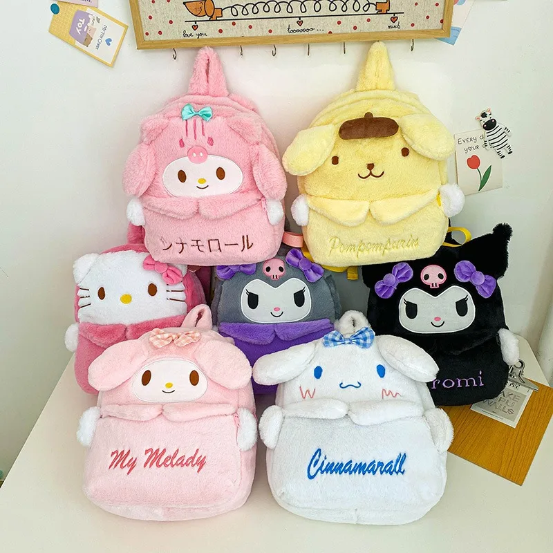 Kawaii Sanrio Plush Backpack Cute Anime Hello Kitty Kuromi Cinnamoroll Melody Large Capacity Student Schoolbag Kid Birthday Gift