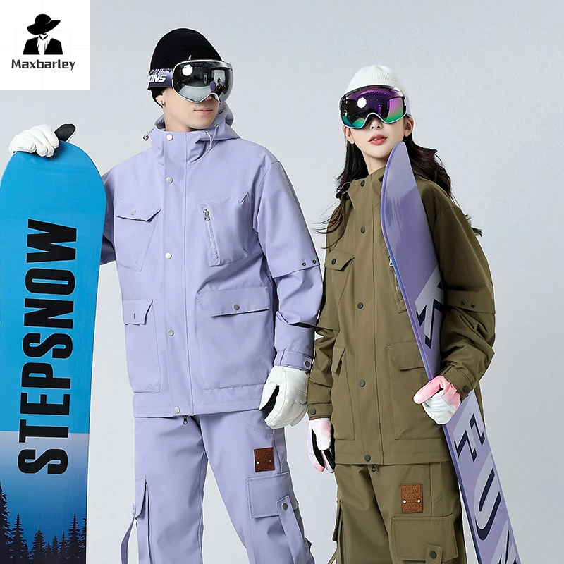 Men Women 3 in 1 Ski Jacket + Snow Pants Warm Windproof Winter Overalls Hoodie Waterproof Casual Sports Clothing Snowboard