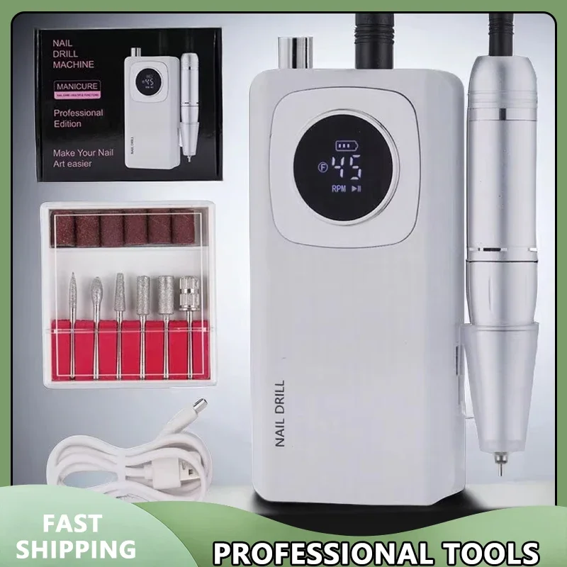

High Speed 45000RPM Rechargeable Nail Drill Machine with LCD Low Noise Professional Nail Polish Sander Nails Accessories Set