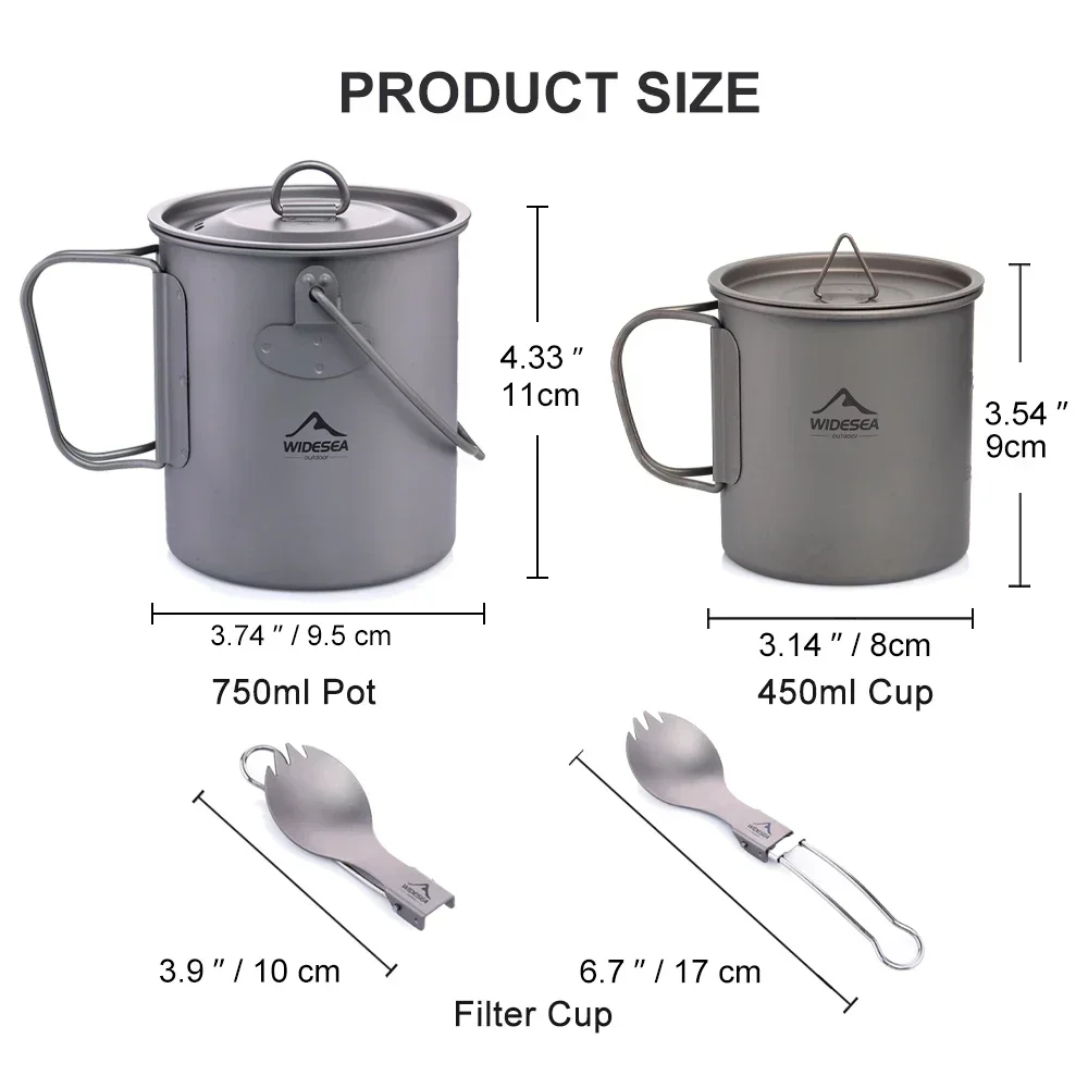 Widesea Ultra-light Titanium Camping Cookware Set Outdoor Kitchen  Tableware Trekking Hanging Pot Cup Mug Spoon Cauldron Tourism