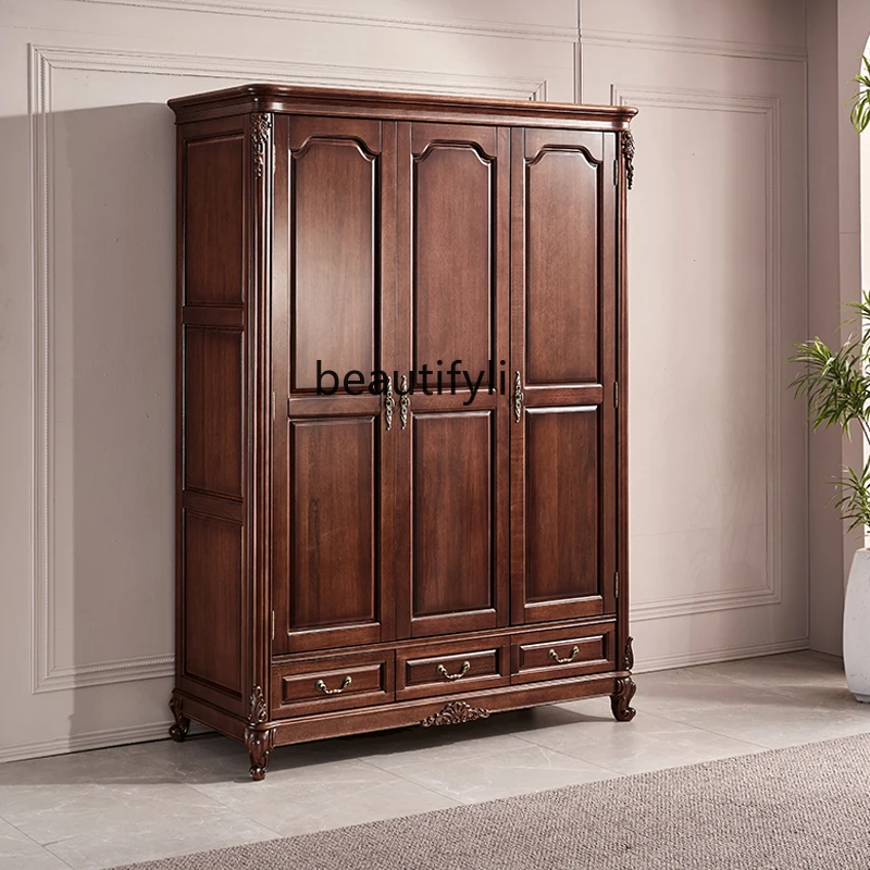 

Black Walnut Wood Wardrobe Solid Wood American Style Simple Bedroom Double Door Storage Cabinet