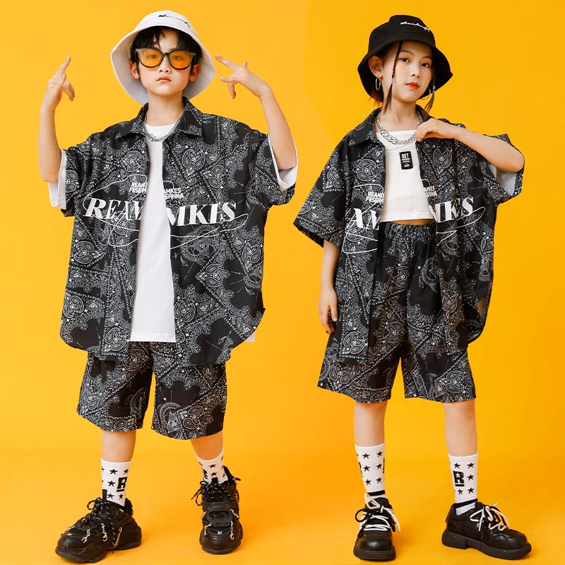 Kids Kpop Hip Hop Clothing Geometry Print Shirt Tops Streetwear Shorts For Girl Boy Jazz Dance Costume Stage Wear  Clothes