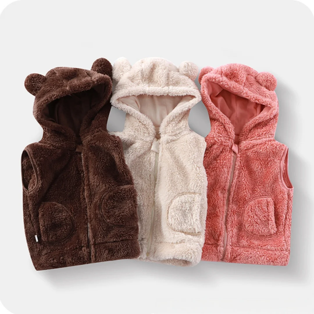 

1-5Y Kids Plush Hooded Vest with Bear Ears Warm Fluffy Fleece Sleeveless Jacket Baby Girls Boys Casual Autumn Winter Outwear