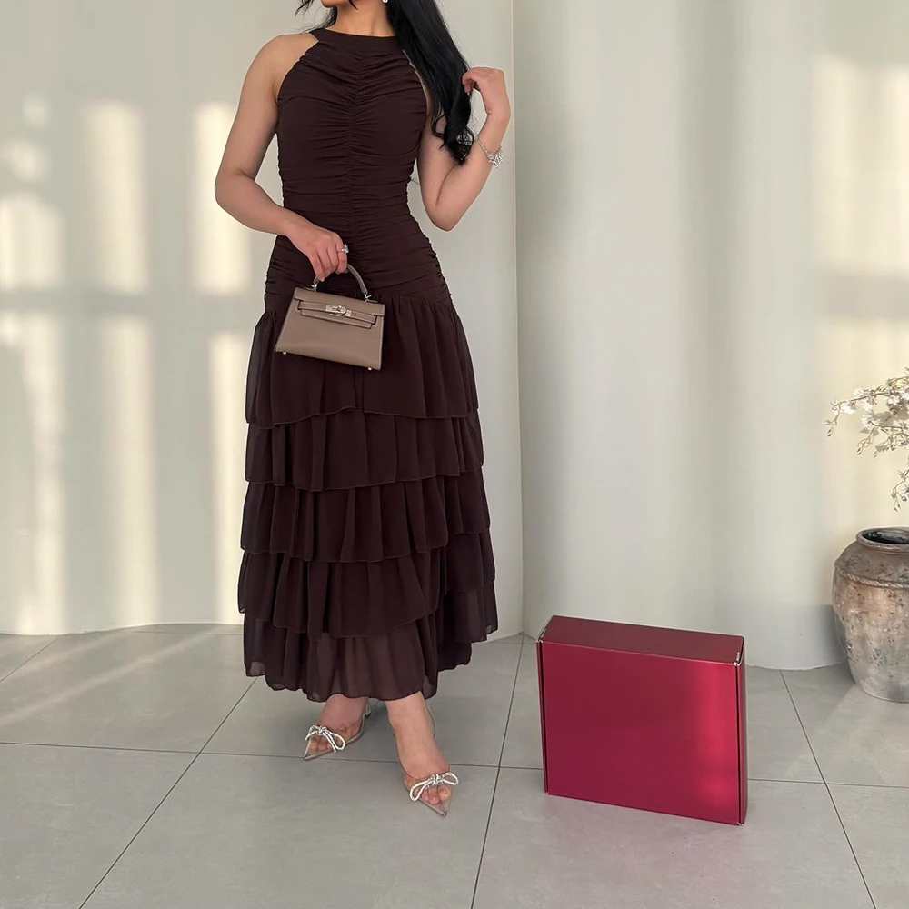 

Вечерние платья трапециевидной формы по индивидуальному заказу, длиной до щиколотки, с круглым вырезом, без рукавов, платье для выпускного вечера, простое модное многоуровневое драпированное плиссированное повседневное вечернее платье