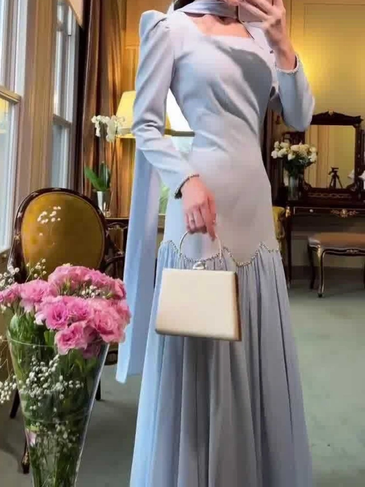 New Light Luxury Women's Dress  Item Handmade Diamond Inlaid Ribbon Design Long Sleeved Lady Slim Fit Dress Women's Clothing