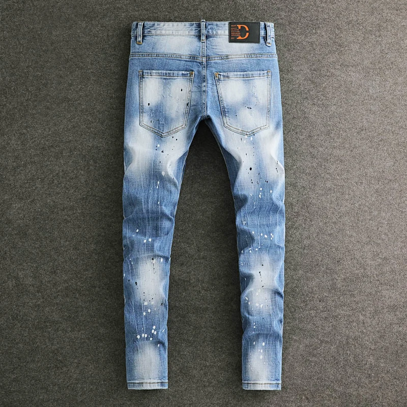 High Street Designer Fashion Men Jeans Retro Light Blue Stretch Slim Fit Painted Ripped Jeans Men Hip Hop Vintage Denim Pants