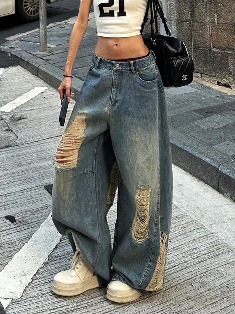 Zoki Women Hole Y2K Jeans Streetwear Sexy Low Waist Retro American Denim Pants Loose Pockets Vintage Bf Wide Leg Trousers Fall