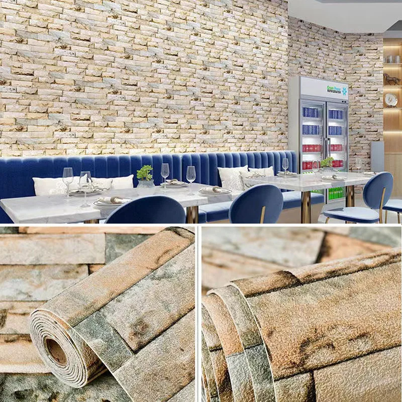 Peel&Stick Waterproof Wallpaper 10 Meters x 50cm, Antique Brick 3D Self-Adhesive Roll for Shop Living Room Retro Style Renovator