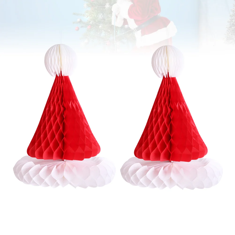

2 Pcs Christmas Tree Decorations Paper Santa Hats Party Aldult Cap Honeycomb Table