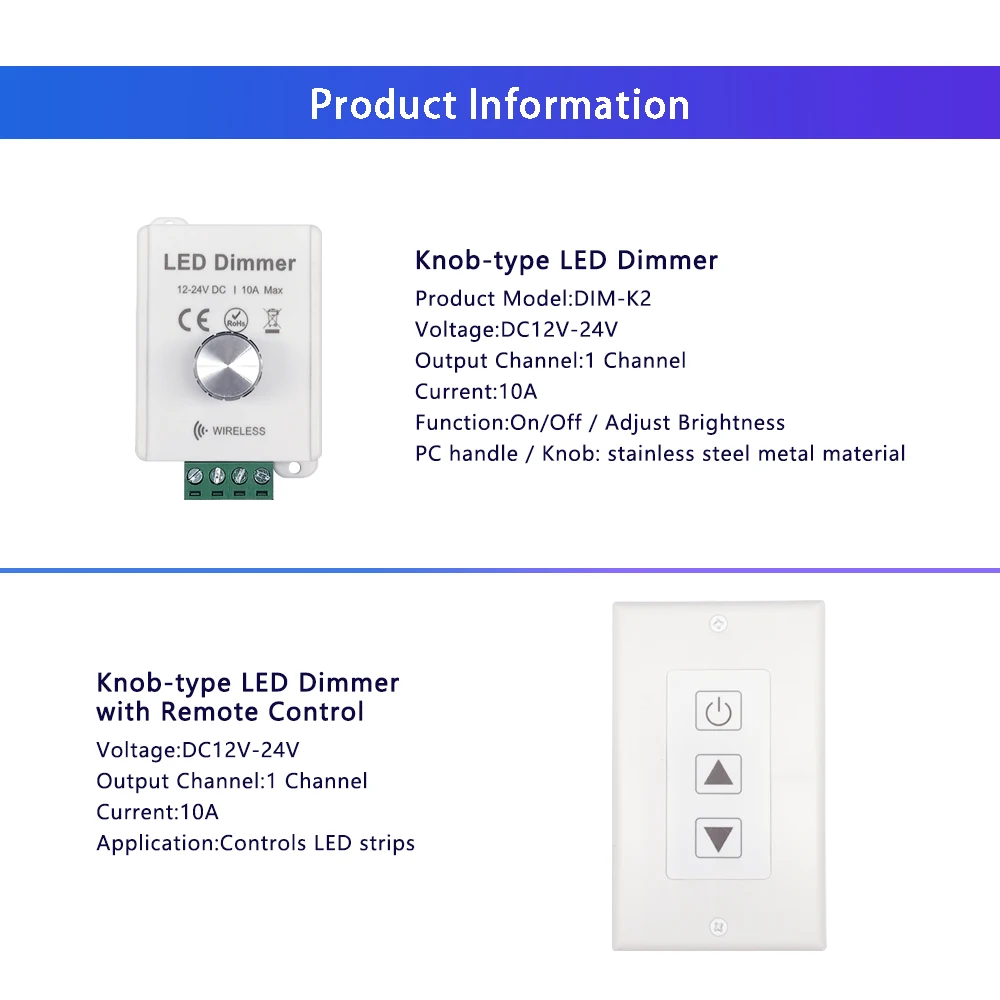DC12V-24V PWM LED Monochrome Strip Light Dimmer Switch with Manual Knob Single-Channel Control for Lighting