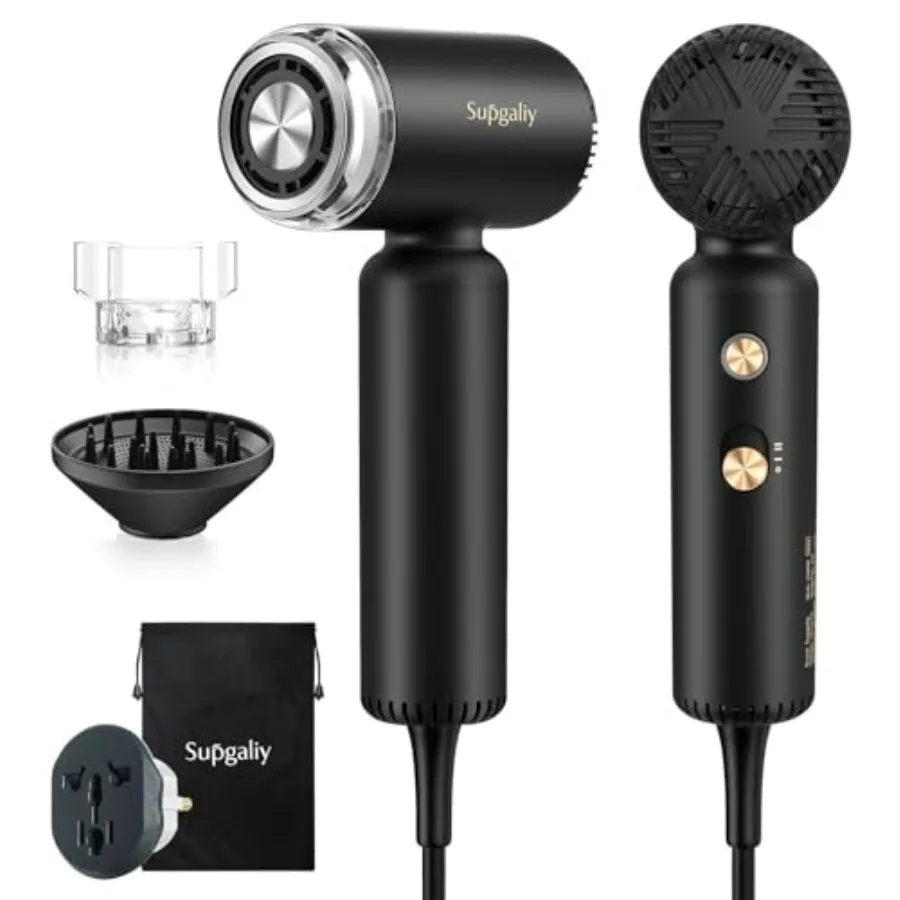 

Travel hair dryer for fast drying, ionic black plastic dual-voltage 100-240V compact lightweight portable model with diffuser,