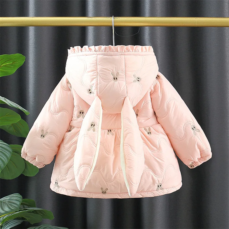 Girls' Winter Thick Hooded Cartoon Embroidered Jacket With Long Ears And Single Breasted Cotton Jacket+Rabbit Accessory Bag