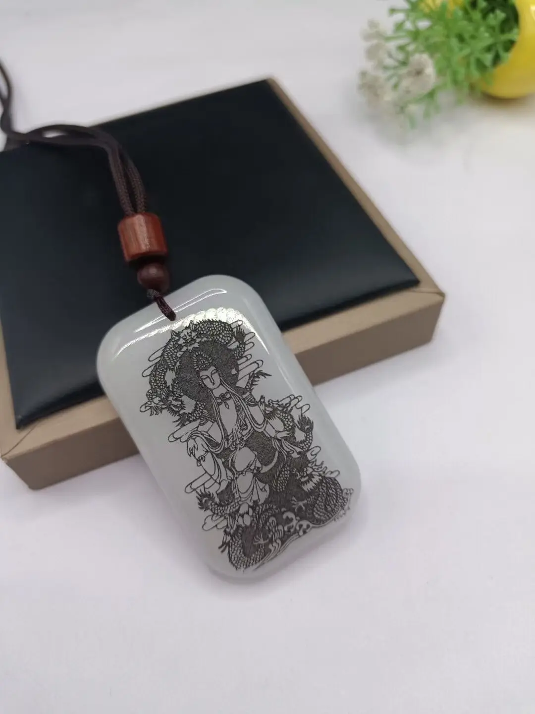 Double sided  White jin si Jade Guan yin Safe and Successful Square Pendant and Necklace