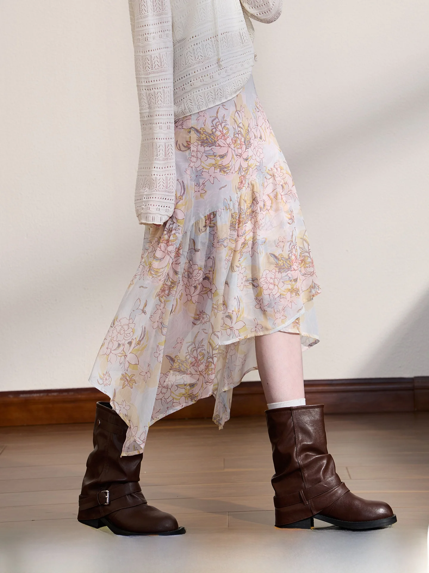 Romantic Asymmetrical Hem Skirt Draping Water Wave Half-length Feminine A-line Silhouette Polyester Fiber Standard Fit Skirt