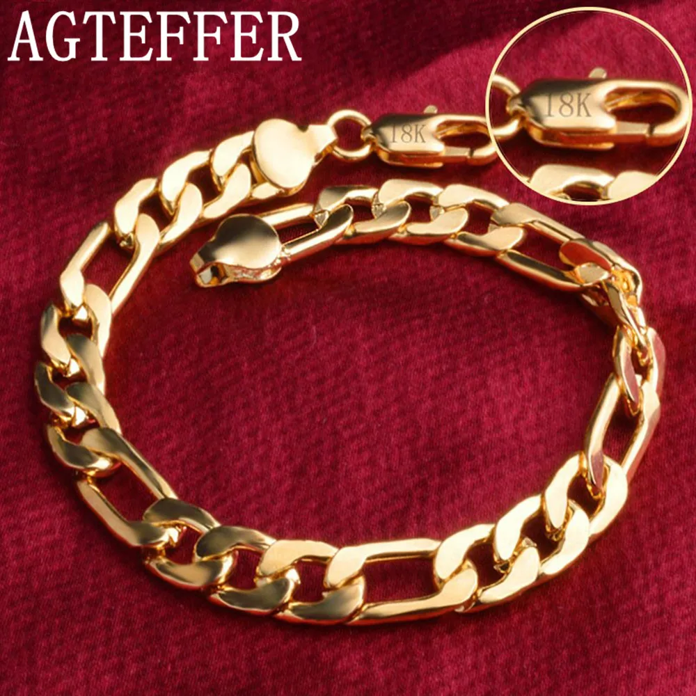 AGTEFFER 8 Inch Silver Color 8MM Gold/Silver Full Side Figaro Chain Bracelet For Woman Man Fashion Wedding Jewelry Gift