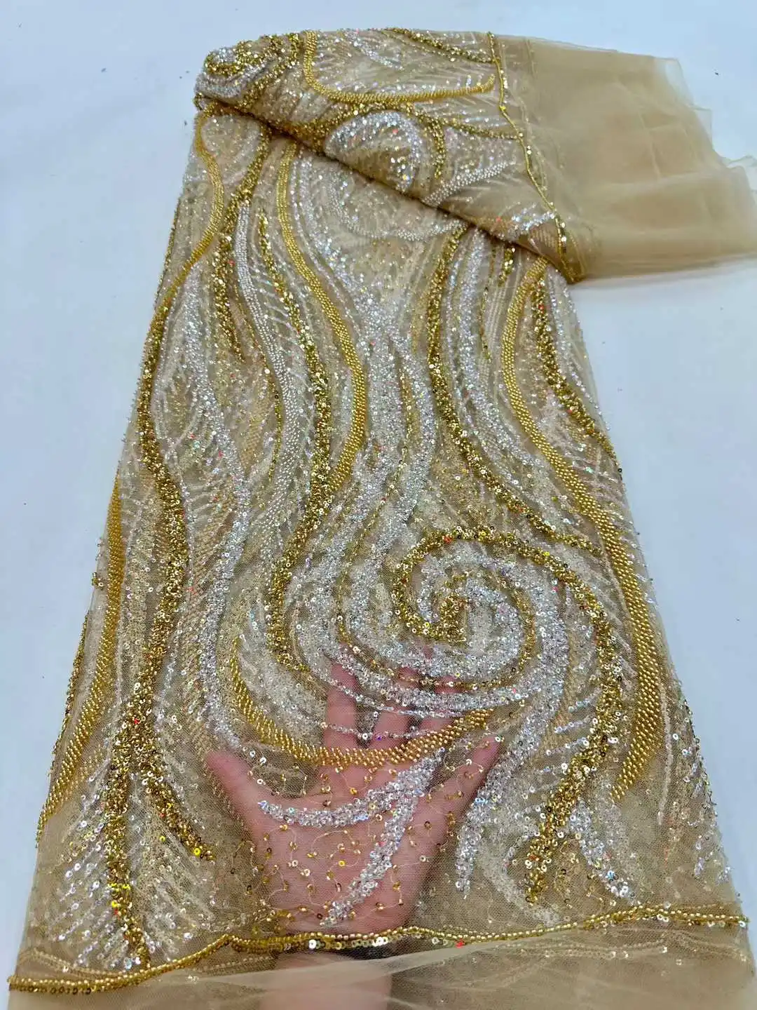 

African Beaded Tulle Lace Fabric 2026 High Quality Beads lace French Nigerian Sequins Embroidered Lace for Party Dress Sewing