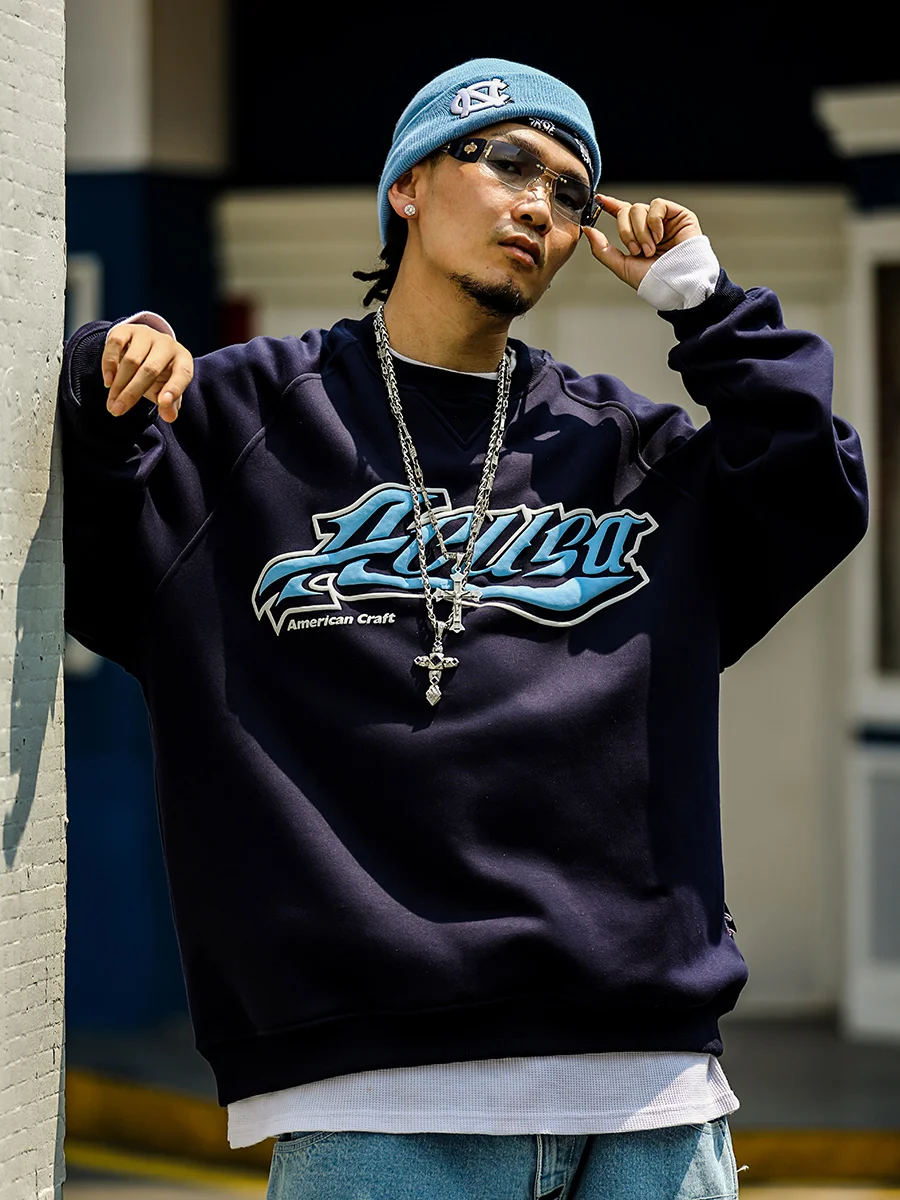 Acusa Meteorological Thickened Fleece Hoodie Streetwear Hip Hop Men's Loose Fit round Neck Print Sweatshirt Autumn Casual Wear